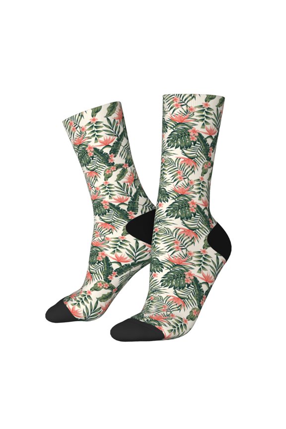 Palm Trees and Tropical Pattern Adult Middle Tube Socks Breathable Sock Non-Pilling,Contrasting Color Design