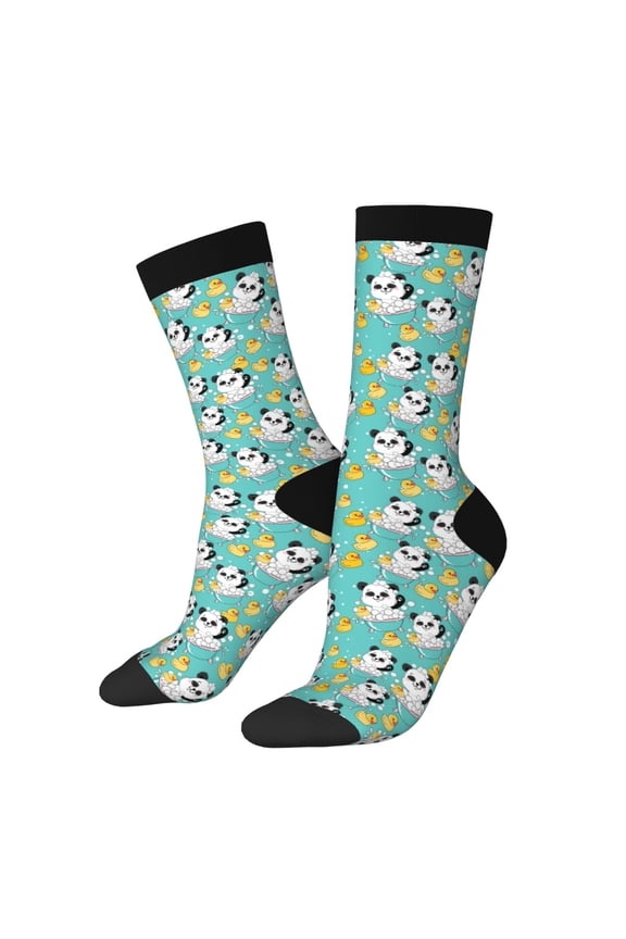 Panda Bathing In The Bath Pattern Adult Middle Tube Socks Breathable Sock Non-Pilling,Contrasting Color Design