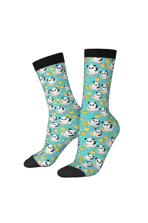 Panda Bathing In The Bath Pattern Adult Middle Tube Socks Breathable Sock Non-Pilling,Contrasting Color Design