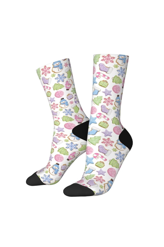 Pastel Christmas Cookies Pattern Adult Middle Tube Socks Breathable Sock Non-Pilling,Contrasting Color Design