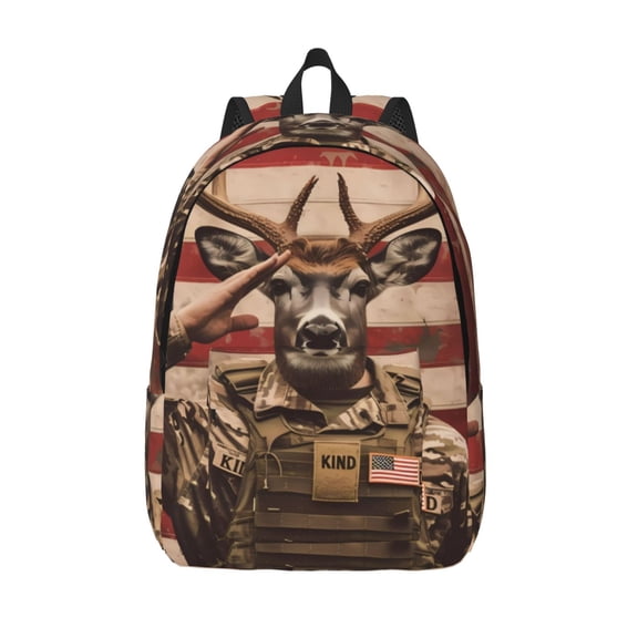 Hirioo Patriotic Deer Soldier Salute Canvas Backpack, Durable Travel Backpack with Multiple Compartments,Large Capacity, Backpack for School, Hiking, Work