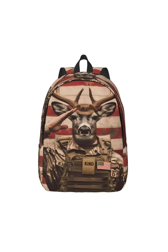 Patriotic Deer Soldier Salute Canvas Backpack, Durable Travel Backpack with Multiple Compartments,Large Capacity, Backpack for School, Hiking, Work