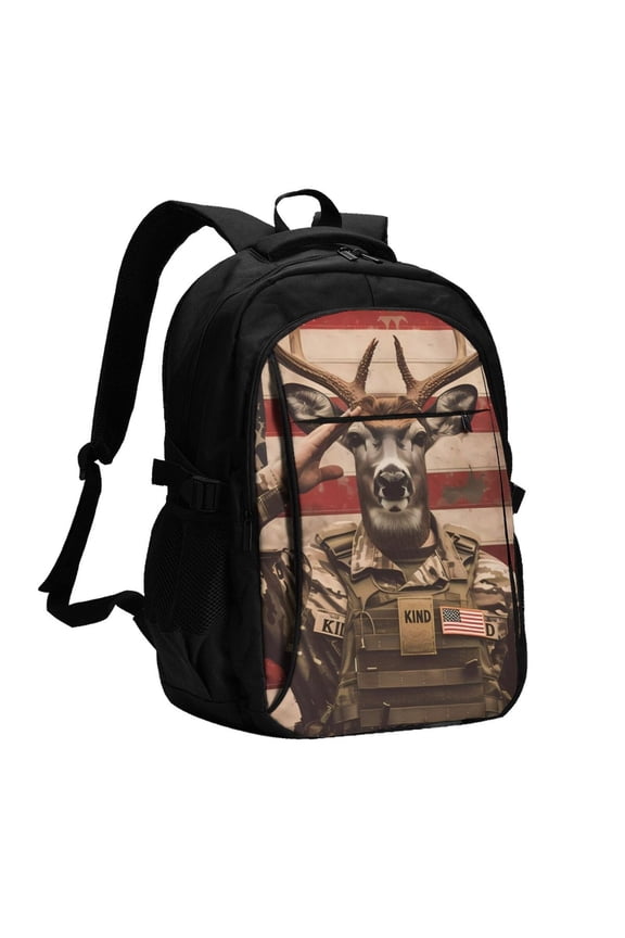 Patriotic Deer Soldier Salute for Travel Laptop Backpack with USB Charging Port for Men and Women