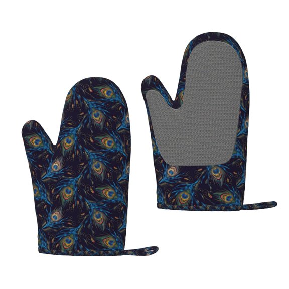 Hirioo Peacock Feathers for Silicone Oven Mitts for BBQ, Baking, Cooking, Set of 2, Heat Resistant 260, Non-Slip Kitchen Essentials