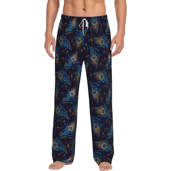 Hirioo Peacock Feathers for Men's PJ Pajama Pants Sleep Pants Men's Home Trousers with Pockets,S-3XL-3X-Large