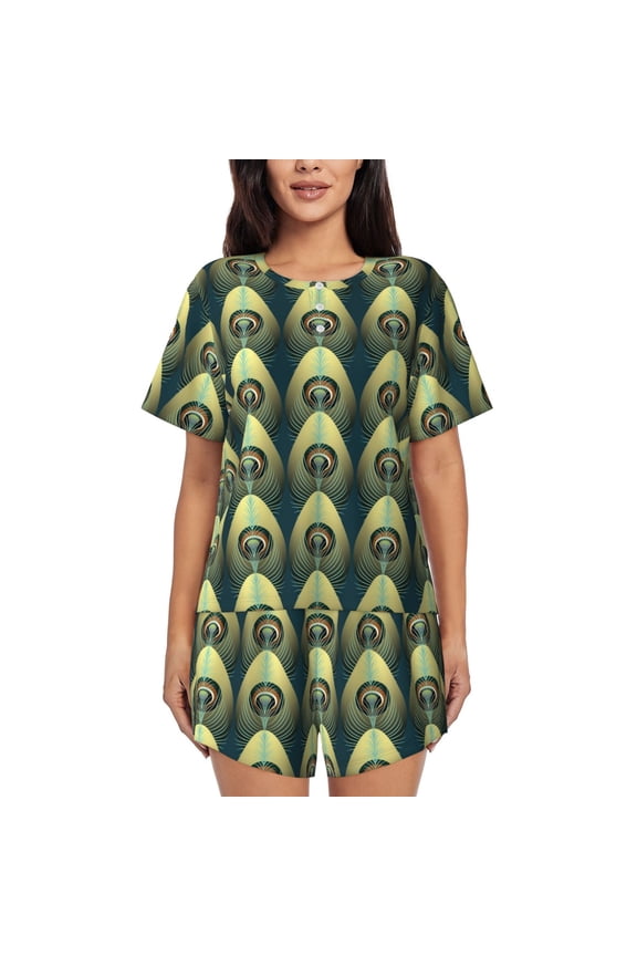 Peacock Gold Feather for Women's 2 Piece Short-Sleeved Pajama PJ Sets for Women Shorts with Pockets Womens Lounge Set-Medium