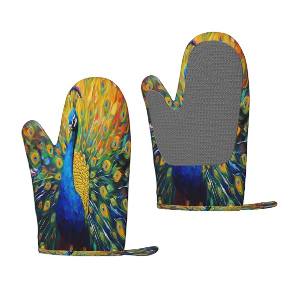 Hirioo Peacocks for Silicone Oven Mitts for BBQ, Baking, Cooking, Set of 2, Heat Resistant 260, Non-Slip Kitchen Essentials