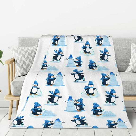 Hirioo Penguin Winter Fun for Flannel Blanket, Cozy and Warm Throw for Bed or Couch ,Perfect for All Seasons-80"x60"