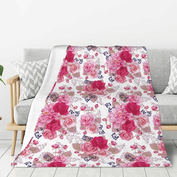 Hirioo Peonies And Roses for Flannel Blanket, Cozy and Warm Throw for Bed or Couch ,Perfect for All Seasons-60"x50"