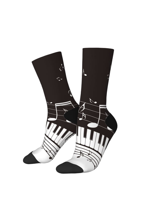 Piano Keys With Musical Notes Pattern Adult Middle Tube Socks Breathable Sock Non-Pilling,Contrasting Color Design