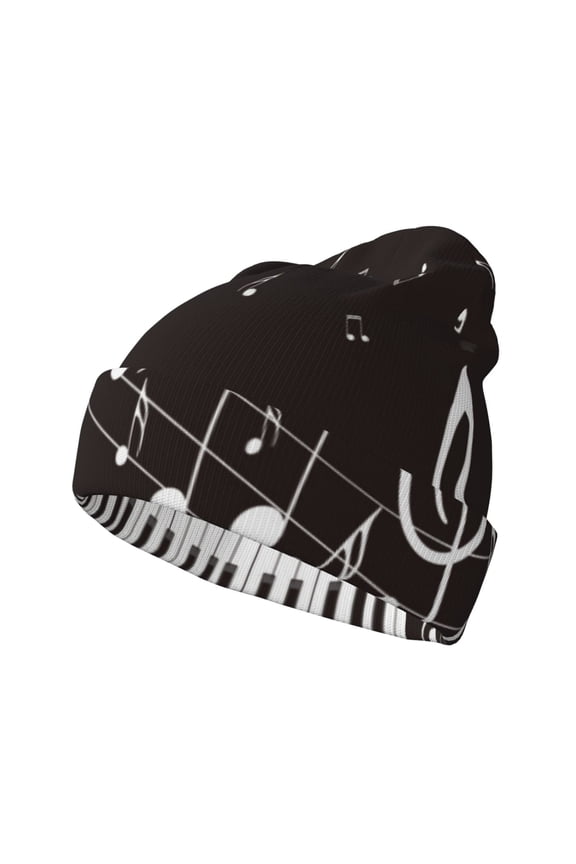 Piano Keys With Musical Notes for Men's Knit Cuffed Beanie for Outdoor Activities Unisex