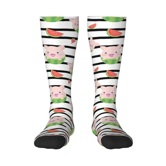 Hirioo Pig And Watermelon for Adult Stockings Breathable Sock Non-Pilling,Contrasting Color Design