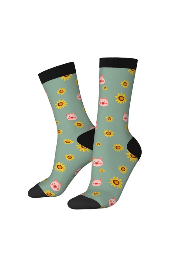 Pig Face With Sunflower Pattern Adult Middle Tube Socks Breathable Sock Non-Pilling,Contrasting Color Design