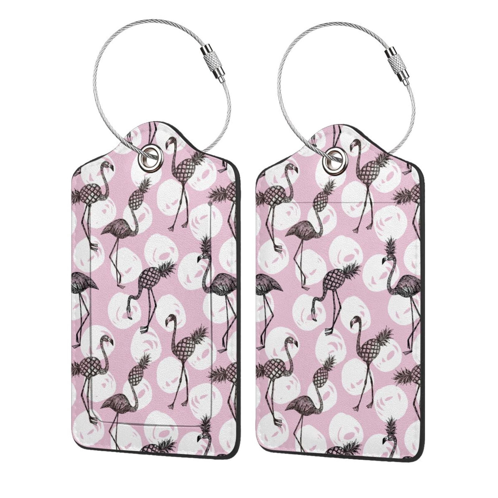 Hirioo Pineapple Flamingo Print Leather Luggage Tag with Stainless Steel Loop ,Privacy Flap and ...