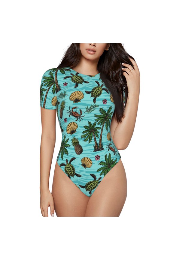 Pineapple Sea Turtle for Women's Round Neck Short-sleeved Onesie Basic Bodysuits-Large