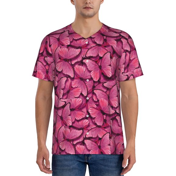 Hirioo Pink Butterfly for Men's Baseball T-shirt Shirts Short Sleeve Casual Summer Button Stretch T Shirts,Size S-4XL-XX-Large