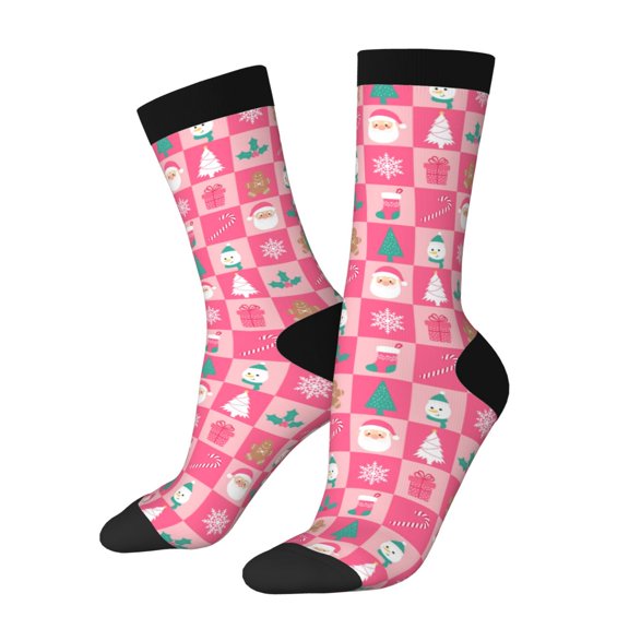 Hirioo Pink Christmas Cheer Pattern Adult Middle Tube Socks Breathable Sock Non-Pilling,Contrasting Color Design