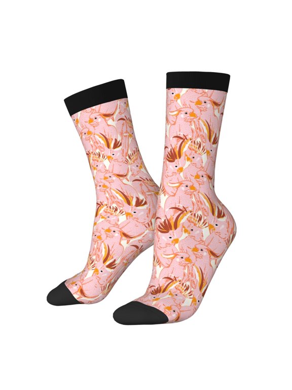 Pink Cockatoo Birds Pattern Adult Middle Tube Socks Breathable Sock Non-Pilling,Contrasting Color Design