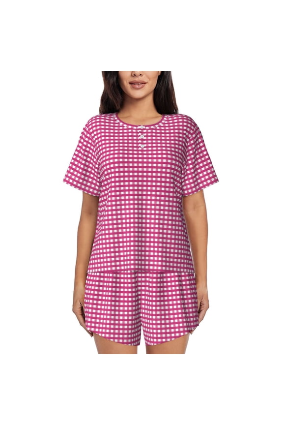 Pink Gingham for Women's 2 Piece Short-Sleeved Pajama PJ Sets for Women Shorts with Pockets Womens Lounge Set-Medium