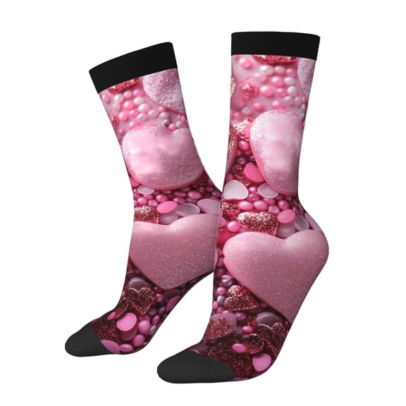 Hirioo Pink Glitter Heart Candy Pattern Adult Middle Tube Socks Breathable Sock Non-Pilling,Contrasting Color Design
