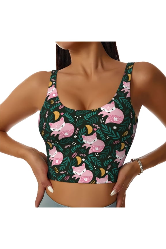 Pink Sleeping Fox for Women's Sports Vest with Full-Print Design, Stretchy Fabric and Removable Pads-X-Large
