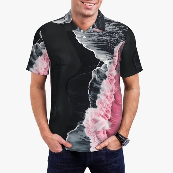 Hirioo Pink White Ocean Waves for Men’s Polo Shirts Quick Dry Short Sleeve Golf T Shirt Performance Moisture Wicking Casual Workout,Sizes S-4XL-X-Large