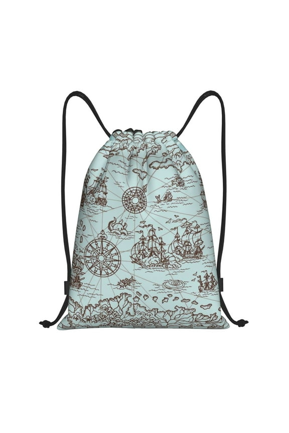 Pirate Adventure Map Print Drawstring Backpack Bag Sport Versatile Sports Backpack for Gym, Travel, Swimming, Beach