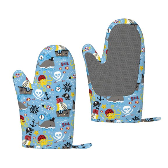 Hirioo Pirate Marine Animals for Silicone Oven Mitts for BBQ, Baking, Cooking, Set of 2, Heat Resistant 260, Non-Slip Kitchen Essentials