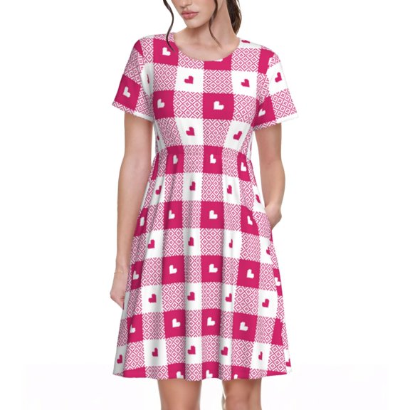Hirioo Plaid Heart for Short Sleeve Dress Women's Short Sleeve Dress with Pockets