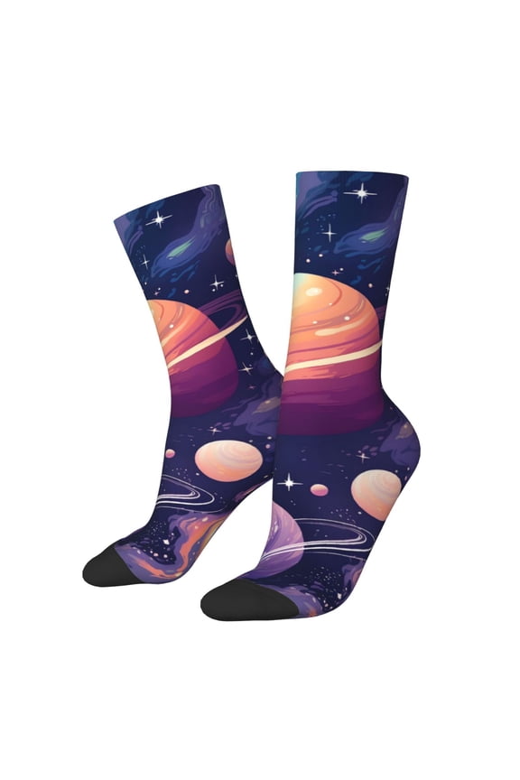 Planet Pastel Galaxy Pattern Adult Middle Tube Socks Breathable Sock Non-Pilling,Contrasting Color Design