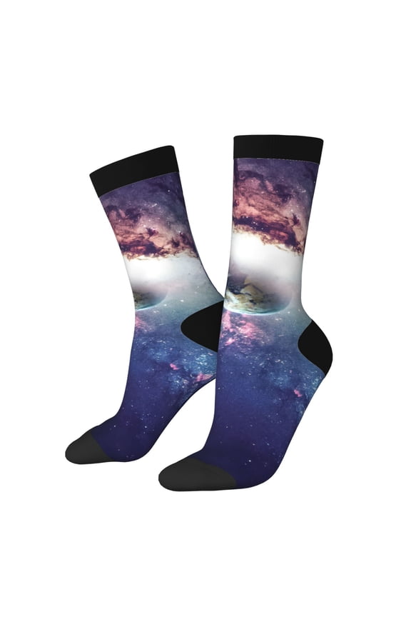 Planets Stars And Galaxies Pattern Adult Middle Tube Socks Breathable Sock Non-Pilling,Contrasting Color Design