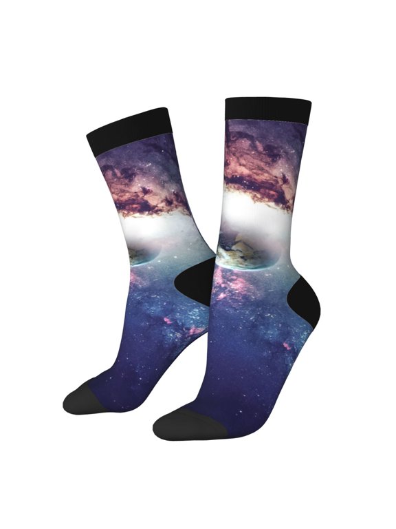 Planets Stars And Galaxies Pattern Adult Middle Tube Socks Breathable Sock Non-Pilling,Contrasting Color Design
