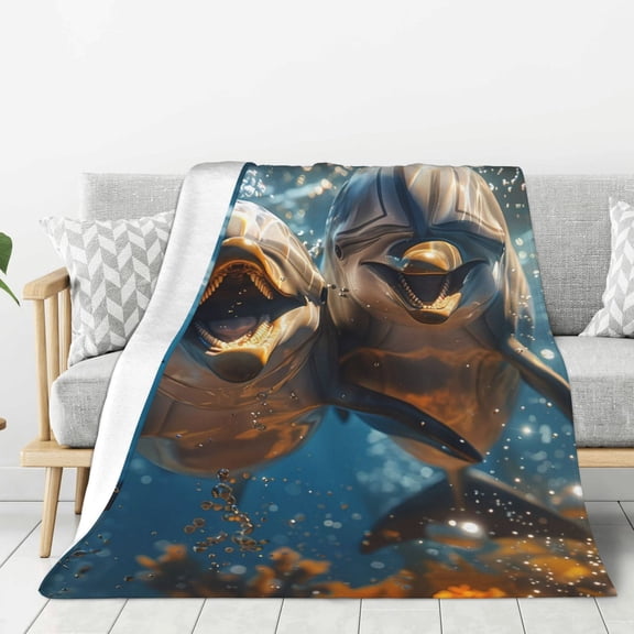 Hirioo Playful Dolphins Underwater for Flannel Blanket, Cozy and Warm Throw for Bed or Couch ,Perfect for All Seasons-80"x60"