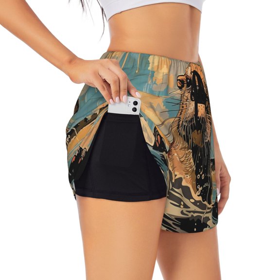 Hirioo Playful Otter Tropical Beach for Women's Double Layer Athletic Shorts High-Performance Gym Shorts with Inner Pocket, Elastic Waistband-X-Large