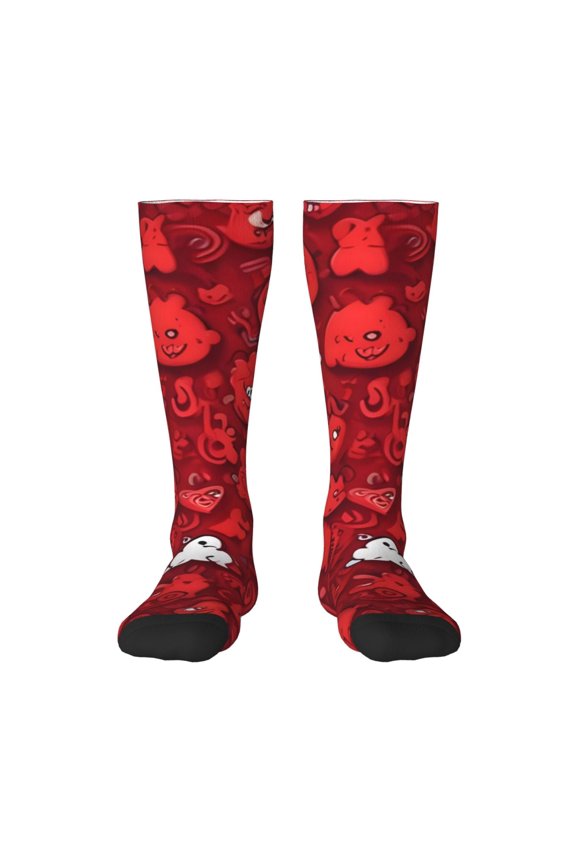 Playful Red Cartoon Faces for Adult Stockings Breathable Sock Non-Pilling,Contrasting Color Design