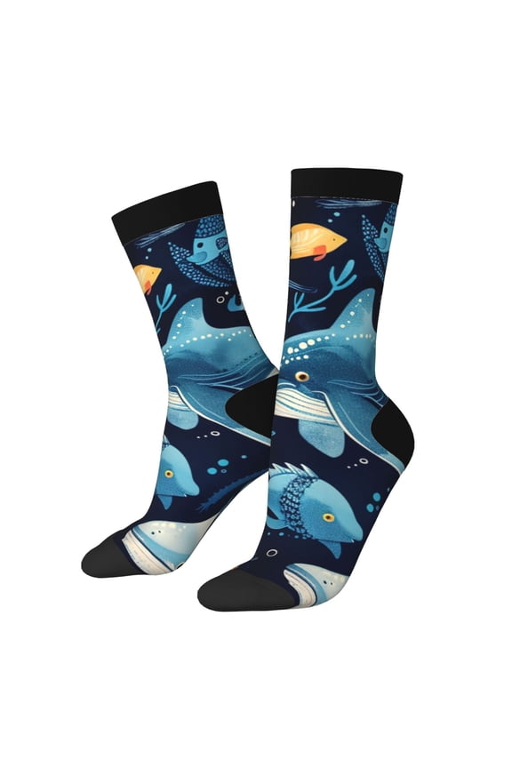 Playful Whales Underwater Scene Pattern Adult Middle Tube Socks Breathable Sock Non-Pilling,Contrasting Color Design