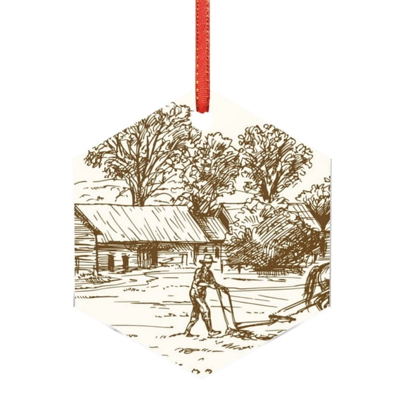 Hirioo Plowed Field With Horses for Acrylic Christmas Pendant Hanging Christmas Tree Ornaments, Car, Home, Office Gift Decor-Hexagon
