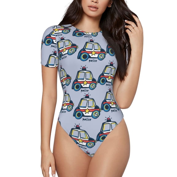 Hirioo Police Car for Women's Round Neck Short-sleeved Onesie Basic Bodysuits-Small
