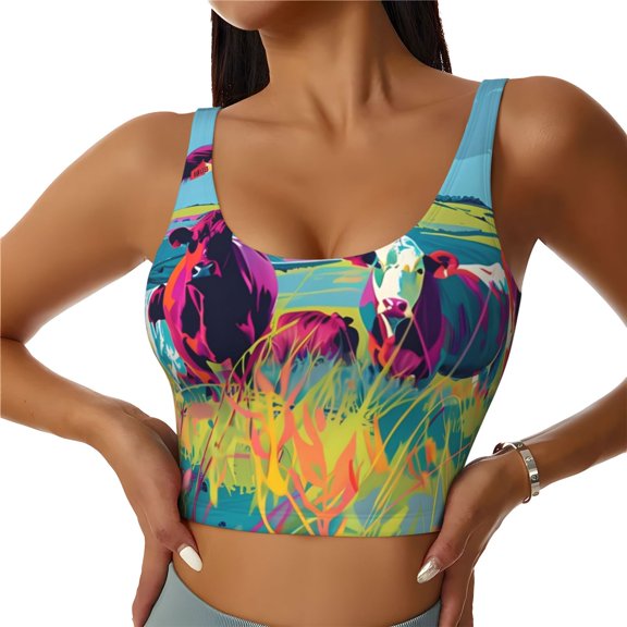 Hirioo Pop Art Colorful Cows for Women's Sports Vest with Full-Print Design, Stretchy Fabric and Removable Pads-Small