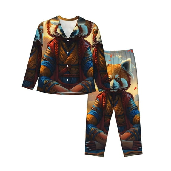Hirioo Prairie Meditating Raccoon for Women's Pajama Sets 2 Piece Pjs Women's Long-Sleeved Pajama Set Button Down Sleepwear,S-XXL-XX-Large