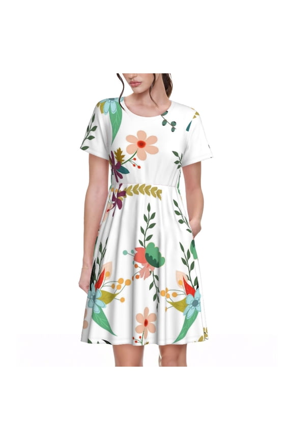 Pretty Floral With Leaves for Short Sleeve Dress Women's Short Sleeve Dress with Pockets