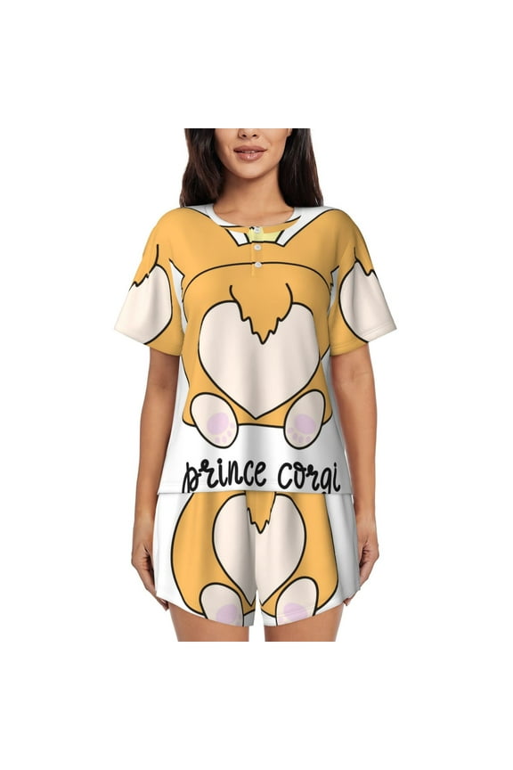 Prince Corgi Dog for Women's 2 Piece Short-Sleeved Pajama PJ Sets for Women Shorts with Pockets Womens Lounge Set-Medium