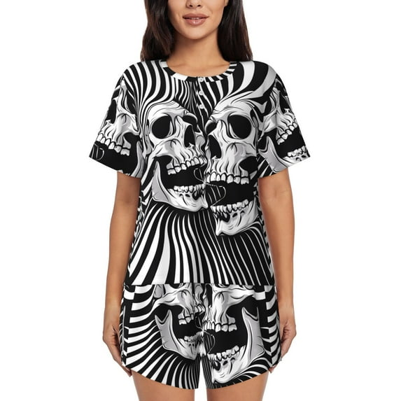 Hirioo Psychedelic Skull Illusion Art for Women's 2 Piece Short-Sleeved Pajama PJ Sets for Women Shorts with Pockets Womens Lounge Set-3X-Large