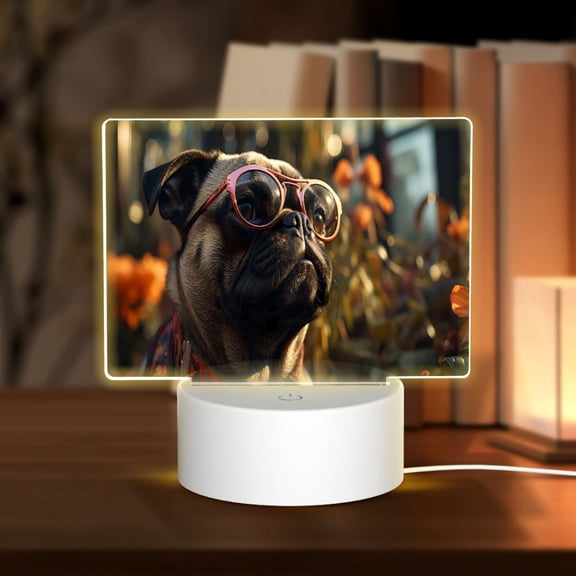 Hirioo Pug Wearing Sunglasses Flowers for Rectangular Acrylic with Night Light Best Gifts for Lover Girl Mom, Valentine's Day Anniversary Birthday Wedding Present