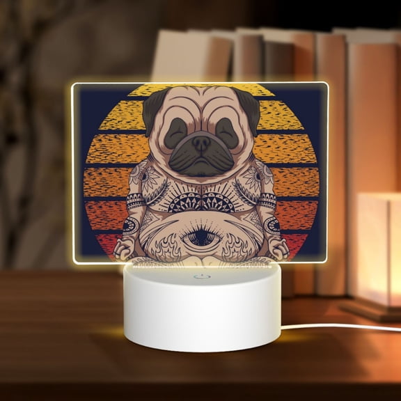 Hirioo Pug dog Yoga for Rectangular Acrylic with Night Light Best Gifts for Lover Girl Mom, Valentine's Day Anniversary Birthday Wedding Present