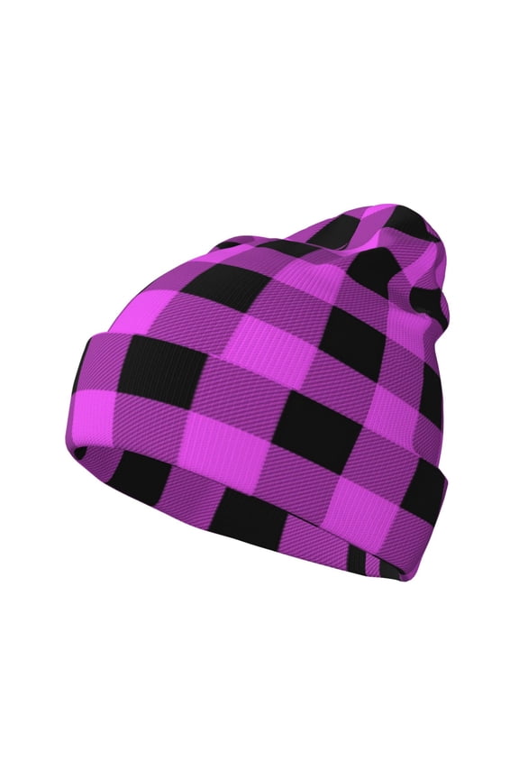 Purple Black Buffalo Plaid for Men's Knit Cuffed Beanie for Outdoor Activities Unisex