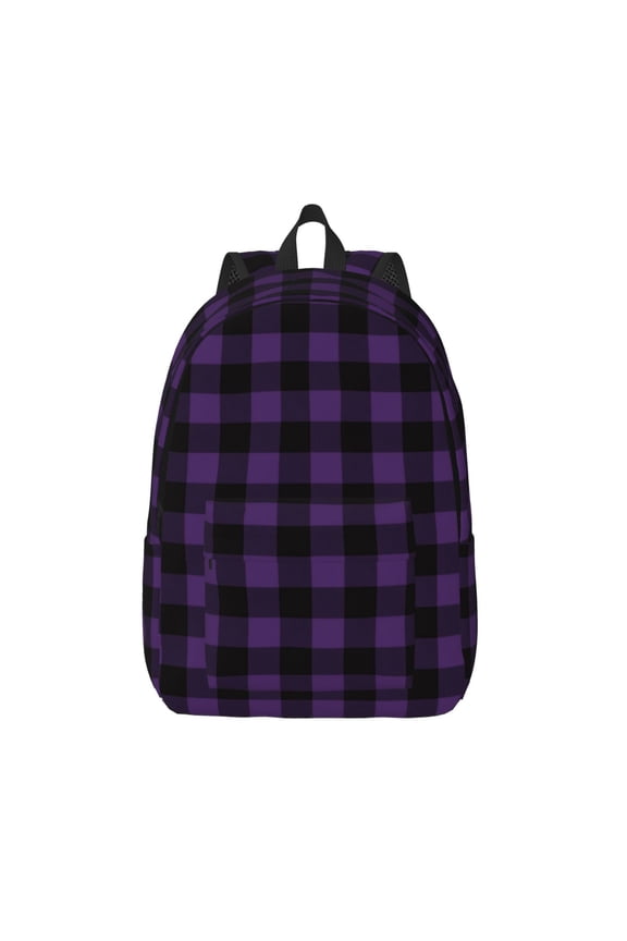 Purple Black Plaid Canvas Backpack, Durable Travel Backpack with Multiple Compartments,Large Capacity, Backpack for School, Hiking, Work