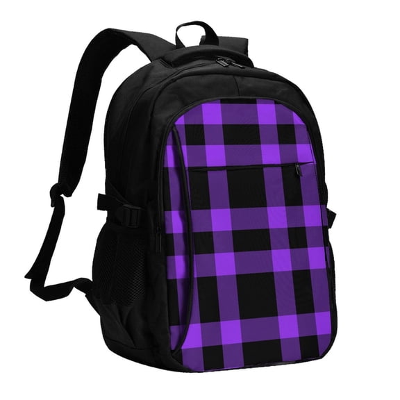 Hirioo Purple Buffalo Plaid for Travel Laptop Backpack with USB Charging Port for Men and Women