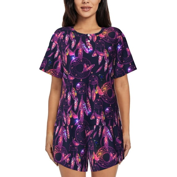 Hirioo Purple Dreamcatcher for Women's 2 Piece Short-Sleeved Pajama PJ Sets for Women Shorts with Pockets Womens Lounge Set-Medium