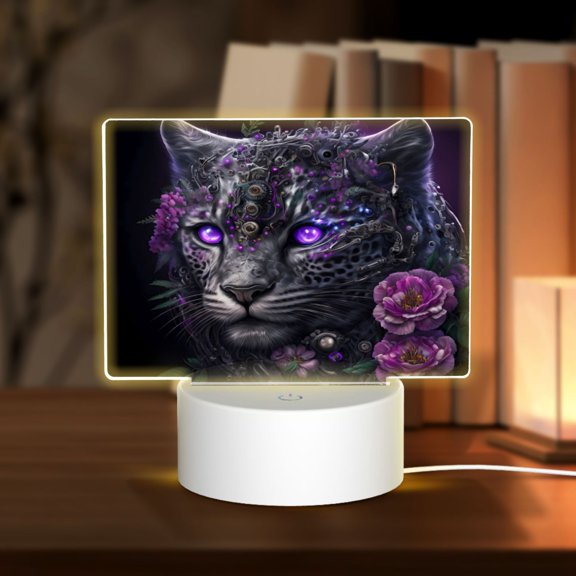 Hirioo Purple-Eyed Floral Leopard for Rectangular Acrylic with Night Light Best Gifts for Lover Girl Mom, Valentine's Day Anniversary Birthday Wedding Present